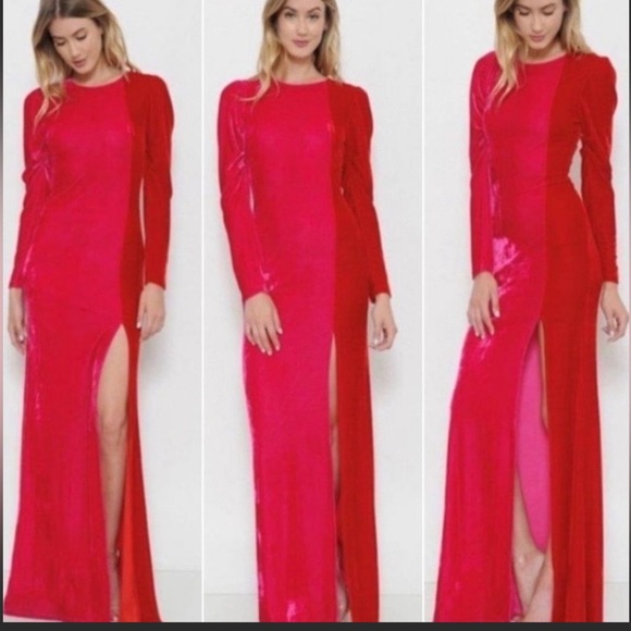 L'Atiste Red & Fuchsia Velvet Bed of Roses Maxi Dress- medium